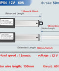 Diagram of Mini Electric Linear Actuator AWINLI 12V 2 Inch Stroke, 60N 13.4Lb Load, showing dimensions and specifications