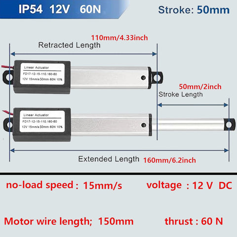 Diagram of Mini Electric Linear Actuator AWINLI 12V 2 Inch Stroke, 60N 13.4Lb Load, showing dimensions and specifications