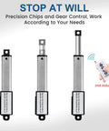 Three Mini Electric Linear Actuator Stroke 2"–Force 4.5 lbs–12V models, extended and retracted, with remote control illustration