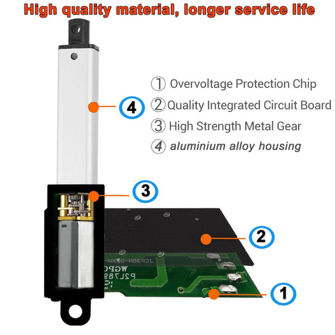 Mini Electric Linear Actuator AWINLI 12V 2 Inch Stroke with aluminum housing and circuit board, shown with labeled internal components