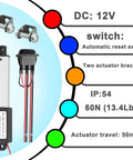 Mini Electric Linear Actuator AWINLI 12V 2 Inch Stroke, shown with mounting bracket, control switch, and specs like 60N load, IP54.