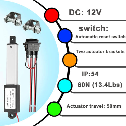 Mini Electric Linear Actuator AWINLI 12V 2 Inch Stroke, shown with mounting bracket, control switch, and specs like 60N load, IP54.