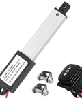 Mini Electric Linear Actuator AWINLI 12V 2 Inch Stroke shown with mounting bracket and control switch, aluminum body.
