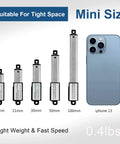 Mini Electric Linear Actuator Stroke 2”–Force 4.5 lbs–12V size comparison with iPhone 13, suitable for tight spaces and light weight