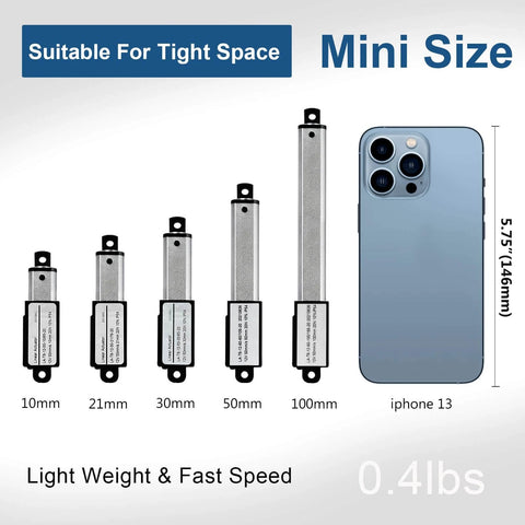 Mini Electric Linear Actuator Stroke 2”–Force 4.5 lbs–12V size comparison with iPhone 13, suitable for tight spaces and light weight