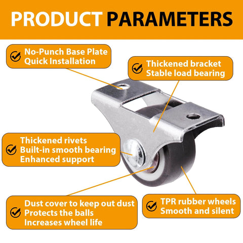 Mini Fixed Casters Set Of 4 With Rubber Wheels And Bearings, 130 Lbs Capacity, steel frame, easy to install, product parameters.