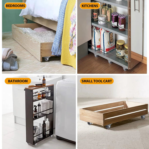 Mini Fixed Casters Set Of 4 With Rubber Wheels And Bearings 130 Lbs Capacity shown on furniture and shelving for various uses.