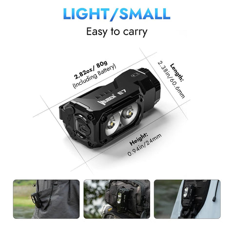 E7 1800 Lumen Rechargeable Mini Flashlight With Magnet And USB C Rechargeable LED Six Modes IP68 Waterproof Aircraft Grade Aluminum 175 Degree Flood Beam Compact EDC Light For Headlamp Use Rescue And Camping - Image of flashlight dimensions and use