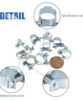 120 Pcs 10 Size Mini Fuel Injection Style Hose Clamp Assortment Kit showing various sizes and details with specification number and slotted screw.