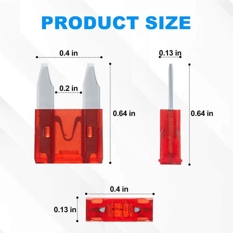 Dimensions of 10 amp fuse from the 120 Piece Mini Car Fuses Kit With Color Coded 2A-35A Fuses, Easy Install Automotive Fuse Set.