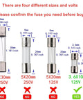 Comparison of four glass fuses in different sizes and volts, highlighting the 3.6x10 mm 2.5A 125V fast-blow fuse for electronics projects.