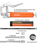 Mini Grease Gun Kit 3500 PSI with 3 oz grease, 12 inch flexible hose, 3 inch and 5 inch extension tubes, pistol grip displayed