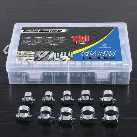 120 Pcs 10 Size Mini Fuel Injection Style Hose Clamp Assortment Kit For Diesel And Petrol Pipes displayed with box and assorted clamps