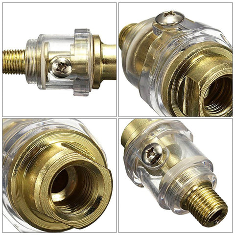 Close-up views of Mini Inline Lubricator Oiler for Pneumatic Tools, One Quarter Inch Aluminum Inline FRL, Automatic Lubrication System