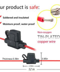 Waterproof Mini Inline Fuse Holder with 12 inch 18 Gauge IP65 Wire, non-oxygen tin-plated copper, sodlered, insulated.