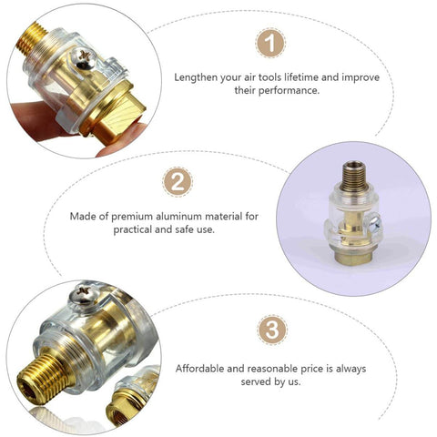 Diagram showing Mini Inline Lubricator Oiler for Pneumatic Tools made of aluminum, enhancing air tool performance and rust prevention.