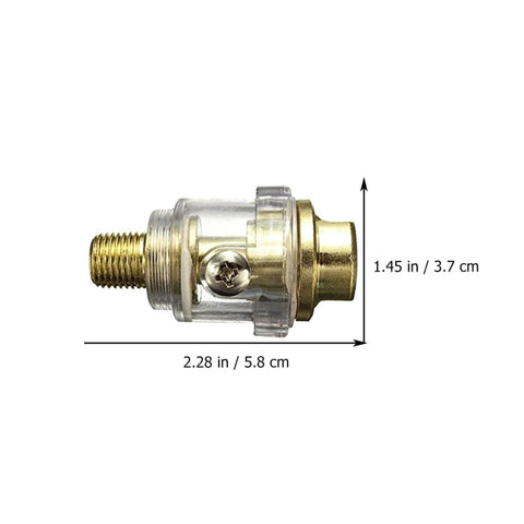 Mini Inline Lubricator Oiler for Pneumatic Tools in one quarter inch aluminum, side view with dimensions labeled, automatic lubrication system.