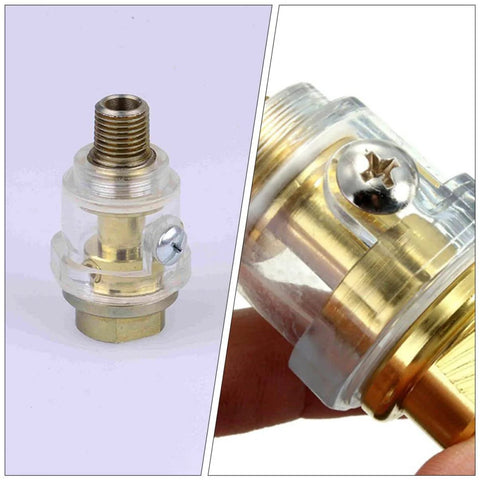 Close-up of Mini Inline Lubricator Oiler for Pneumatic Tools, 1/4 inch aluminum, automatic lubrication system shown in detail
