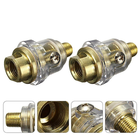Two Mini Inline Lubricator Oilers for Pneumatic Tools, made of One Quarter Inch Aluminum Inline FRL with golden finish.