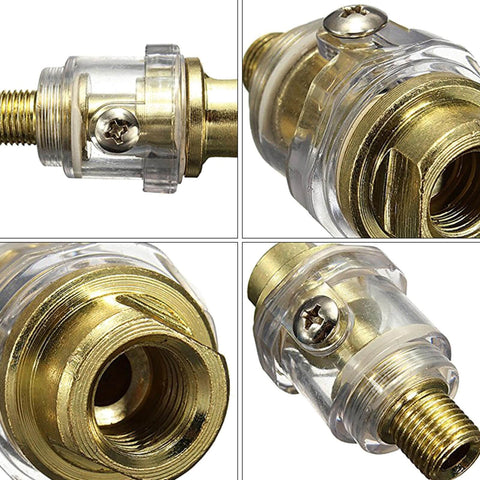 Close-up of Two Pack Mini One Quarter Inch In Line Pneumatic Oil Lubricator Oiler, brass and clear design.