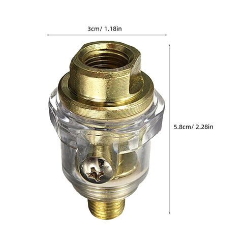 Two Pack Mini One Quarter Inch In Line Pneumatic Oil Lubricator Oiler for Air Tools and Compressors, metal and clear design, measurements shown