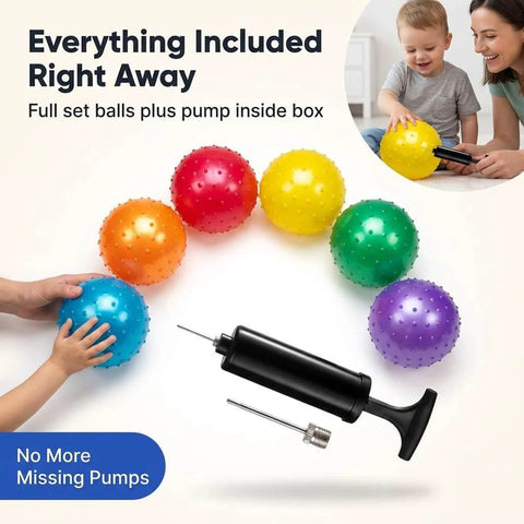 Mini Knobby Balls - (Pack of 12) Bulk 5 Inch Sensory Balls and Spiky Massage Stress Balls with Pump; rainbow colors with pump included