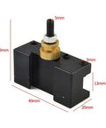 5 Piece Mini Lathe Tool Holder Set With Quick Change Posts for turning, milling, facing; black tool holder with dimensions.