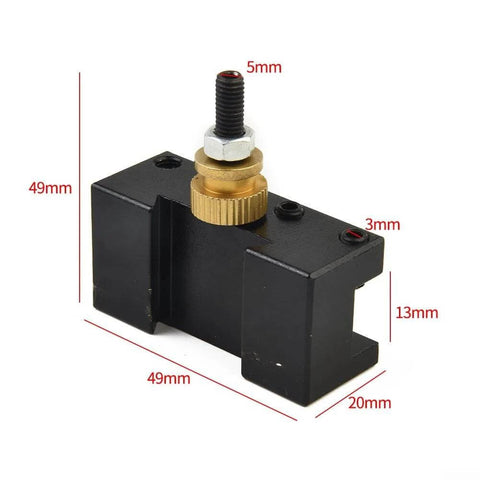 5 Piece Mini Lathe Tool Holder Set With Quick Change Posts for turning, milling, facing; black tool holder with dimensions.