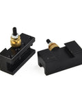 Two pieces of the 5 Piece Mini Lathe Tool Holder Set With Quick Change Posts For Turning Milling And Facing One Quarter Inch To One Half Inch Tool Holders