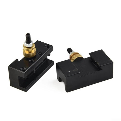 Two pieces of the 5 Piece Mini Lathe Tool Holder Set With Quick Change Posts For Turning Milling And Facing One Quarter Inch To One Half Inch Tool Holders