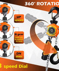 Illustration of One Quarter Ton Mini Lever Block Chain Hoist With 360 Degree Hook Manual Ratchet Hoist showing 3 speed dial rotation.