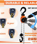 Image showing mini lever chain hoist with safety hooks, manual operation, and 360-degree handle rotation, labeled as durable and reliable.