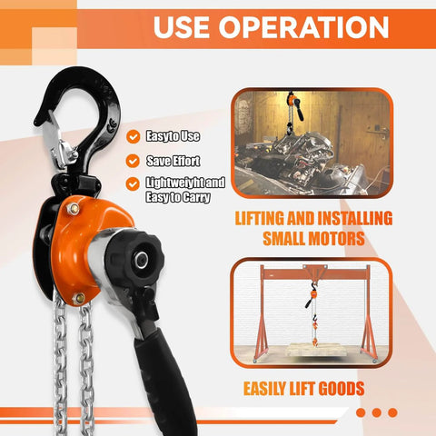 Use operation of Mini Lever Chain Hoist One Quarter Ton 550 Lb Capacity 10 Ft Lift Safety Hooks Manual Come Along Winch G80 Chain