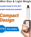 Hand holding Mini Electric Linear Actuator AWINLI 12V 2 Inch Stroke, lightweight at 0.19 lbs, compact and ideal for micro devices.