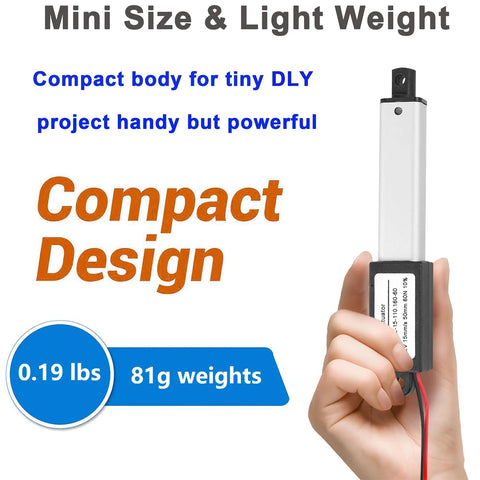Hand holding Mini Electric Linear Actuator AWINLI 12V 2 Inch Stroke, lightweight at 0.19 lbs, compact and ideal for micro devices.