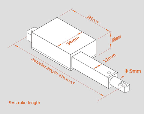 Technical diagram of Mini Linear Actuator With 1.2 Inch Stroke And 22 Lb Thrust For Window Opener DIY Projects showing dimensions.