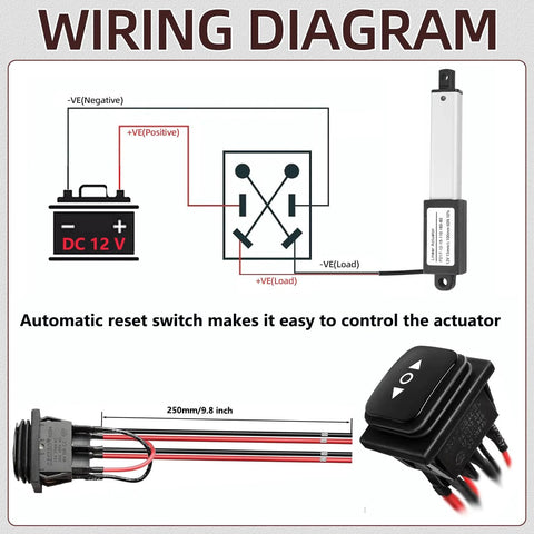 Wiring diagram for Mini Electric Linear Actuator AWINLI 12V 2 Inch Stroke with control switch and wiring connectors.