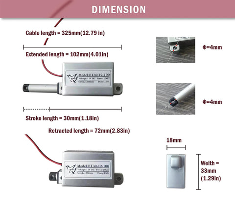 Dimensions of Mini Linear Actuator With 1.2 Inch Stroke And 22 Lb Thrust For Window Opener DIY Projects showing cable and stroke length.