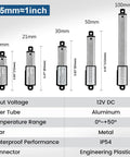 Assorted 12V mini linear actuators in different sizes with aluminum bodies. Focus on 12V Mini Linear Actuator With 0.8 Inch Stroke.