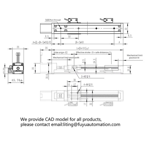 Technical CAD drawing of Mini Linear Motion Guide Actuators Linear Rail Ball Screw Small Linear Motorized Nema 14 2-Phase Stepper Motor