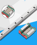 Miniature 12mm Wide Linear Rail Guide With Ball Retainer and Built In Lubrication System displayed on blue background