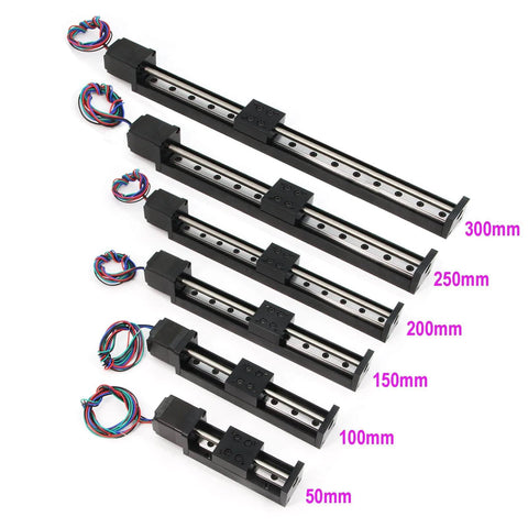 Assorted linear rail guides with stepper motors for CNC projects, featuring 300mm effective travel length and other size variants.