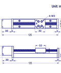Technical drawing of Mini Linear Rail Guide Small Sliders Lead Screw T6x1 with Nema 11 Stepper Motor for CNC Router Parts.