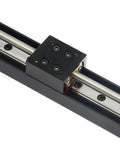 Close-up of Mini Linear Rail Guide Slide Actuator T6x1 Lead Screw with NEMA11 Stepper Motor,100mm Effective Stroke Length for CNC routers.