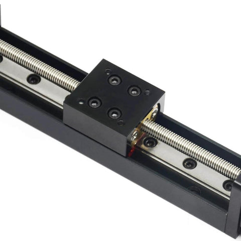 Close-up of Mini Linear Rail Guide Slide Actuator T6x1 Lead Screw with NEMA11 Stepper Motor,100mm Effective Stroke Length for CNC routers.