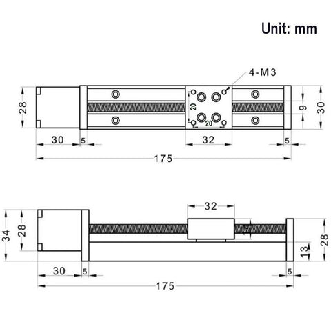 Technical drawing of Mini Linear Rail Guide Slide Actuator T6x1 Lead Screw with NEMA11 Stepper Motor,100mm Effective Stroke Length.