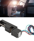 Mini Linear Rail Slide Actuator - 50mm Stroke Alloy Stepper Motion Stage with 1 Piece Screw Rod, wires visible, studio and installed view