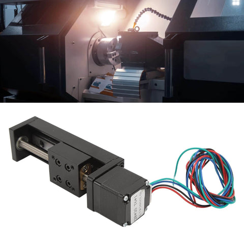 Mini Linear Rail Slide Actuator - 50mm Stroke Alloy Stepper Motion Stage with 1 Piece Screw Rod, wires visible, studio and installed view