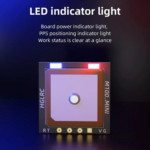 Close-up view of Mini M100 GPS Module For UBLOX Compatible With 2-7 Inch FPV Racing Drones showing LED indicator lights.