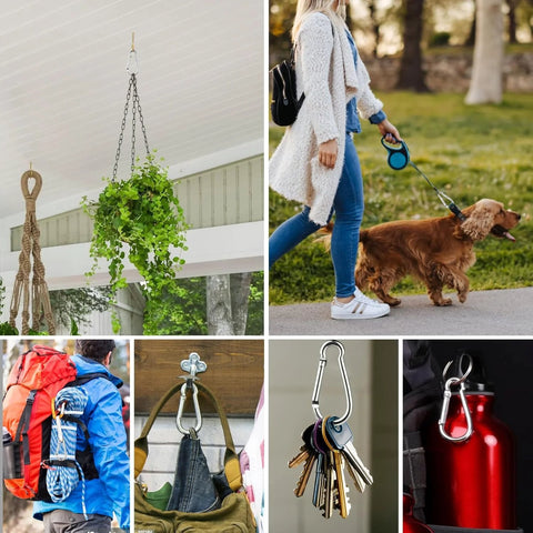 Collage of uses for 24 Pack Mini M5 Spring Carabiners 1.97 Inch Galvanized Steel Hooks for various outdoor activities and gear attachment